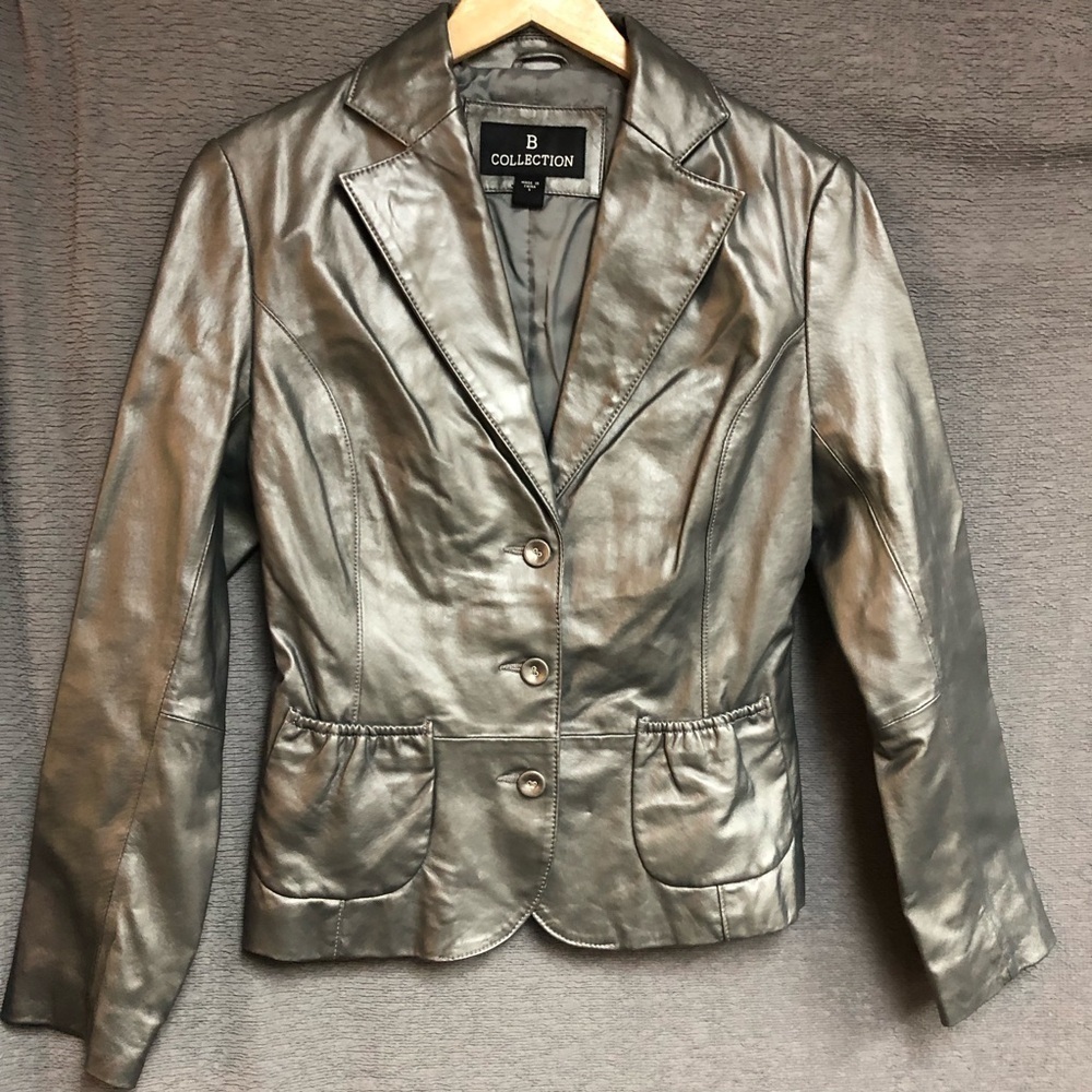 B collection, small metallic gray 100% leather jacket, coat blazer